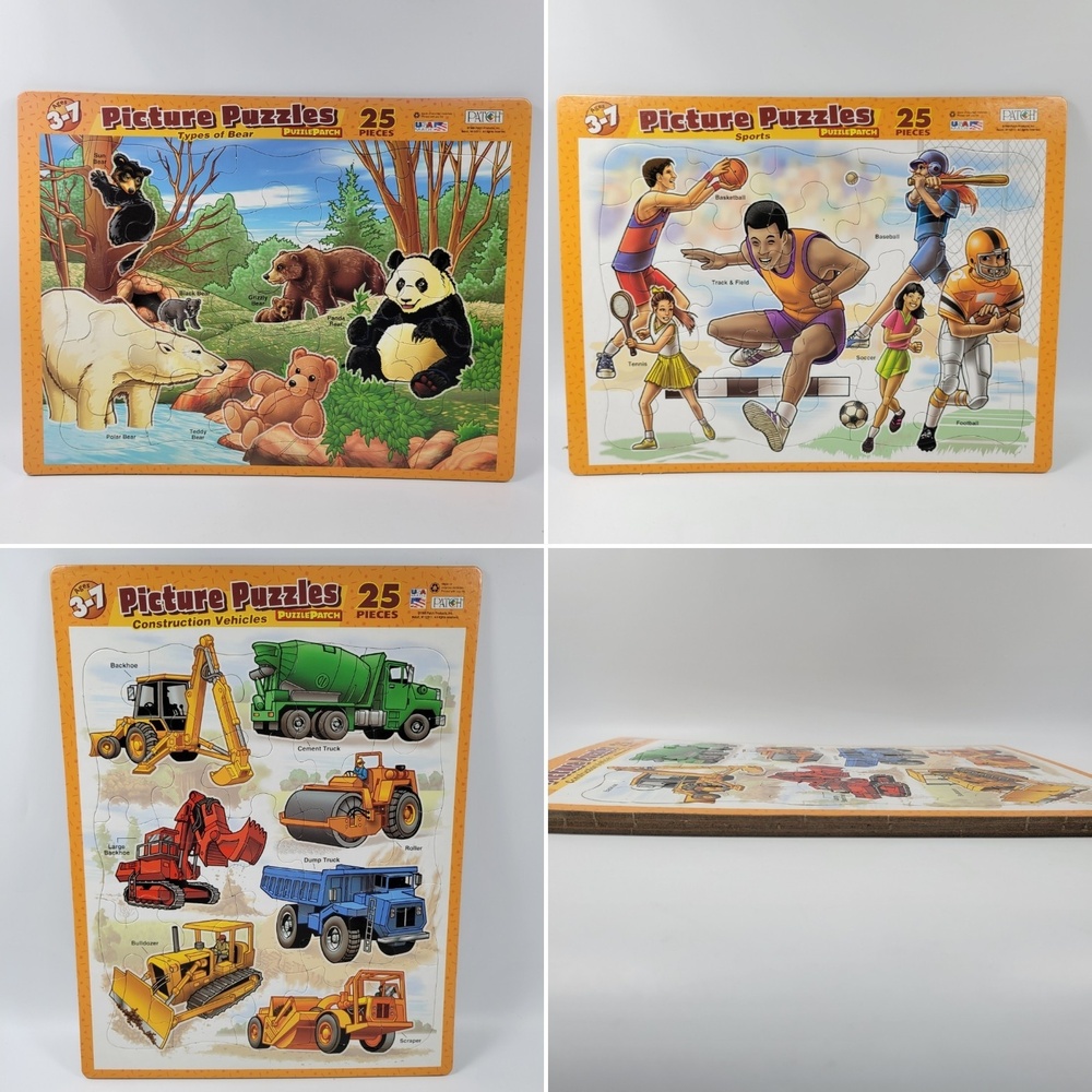 VTG Puzzle Patch Picture Frame Tray Puzzles Construction Sports Bears‎ Lot 90s